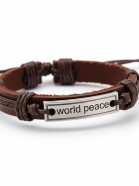 Leather Adjustable World Peace Brown‎ Bracelet Unisex Adult